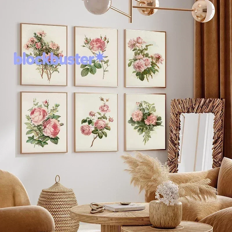 Póster Floral de rosas rosadas Vintage, pintura en lienzo de flores botánicas, imágenes artísticas de pared para decoración d
