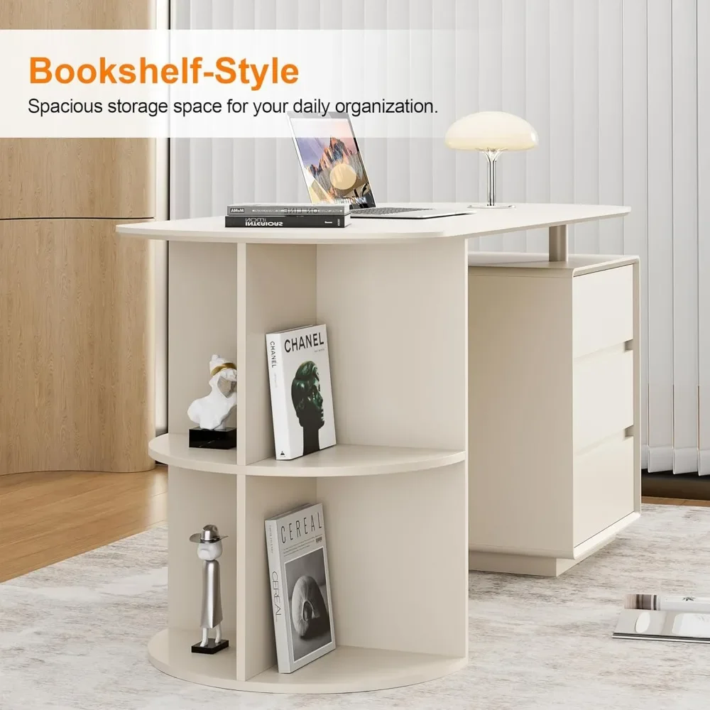 Bureau d'ordinateur de 55 pouces, bureau à domicile avec égouts de proximité et étagères de rangement, blanc crème, moderne, style simple, pour ordinateur portable