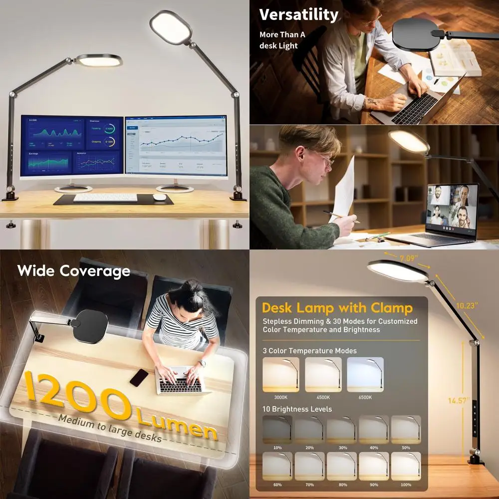 مصباح مكتبي بمشبك LED 1200 لومن للمكتب المنزلي، ضوء للعناية بالعين مع 3 ألوان و10 مستويات سطوع، جهاز تحكم عن بعد، الذاكرة و