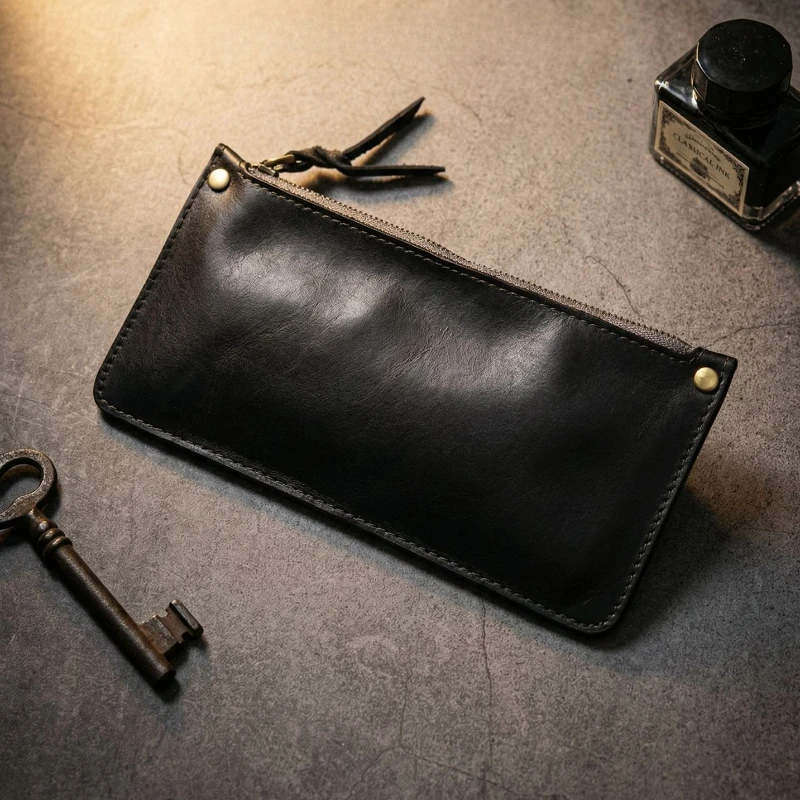 Men Cowhide Leather Zipper Wallet, Premium Vintage Slim Coin Purse with Reinforced Stitching, High-Quality Card & Cash Wallet