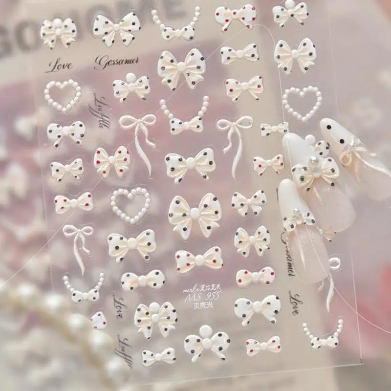 Selbstklebende 5D-Schleifen-Perlen-Herz-Nagelaufkleber, französische Polka-Dot-Schleifen-Nagelsticker, DIY-Maniküre, bunte Nagelkunst-Accessoires – Detail 10