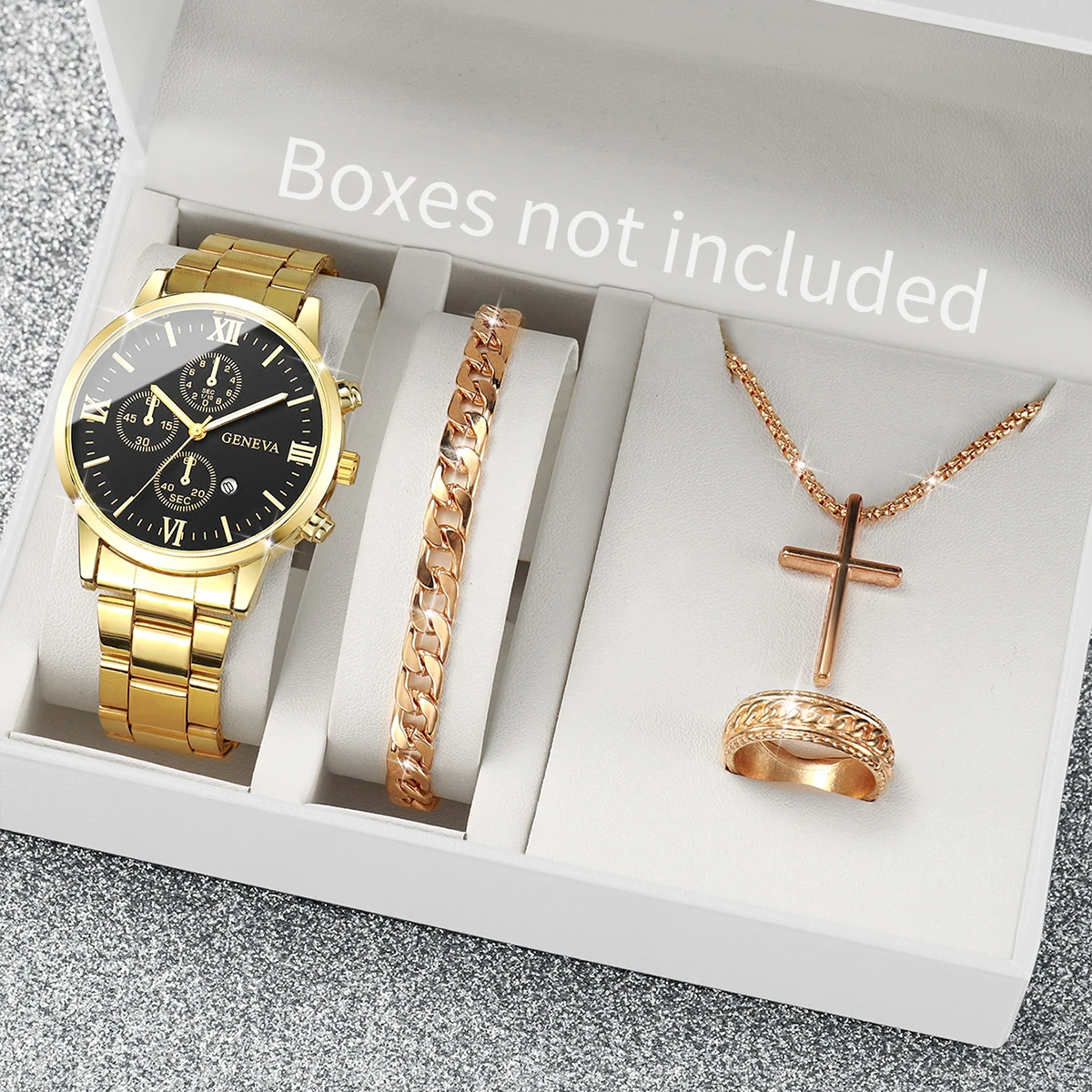 ساعة كوارتز من الفولاذ الذهبي للرجال ، سوار تناظري ، ساعات عمل ، موضة ، طقم مجوهرات بدون صندوق ، 4 في كل مجموعة