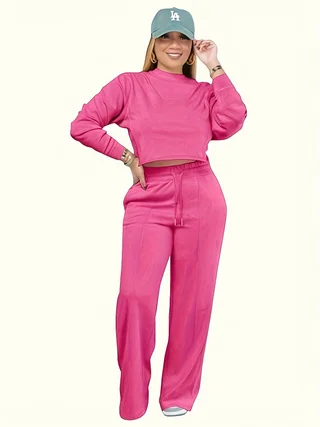 

Однотонный комплект из двух предметов больших размеров с круглым вырезом и длинными рукавами, брюки с веревкой на талии, комбинированный наряд