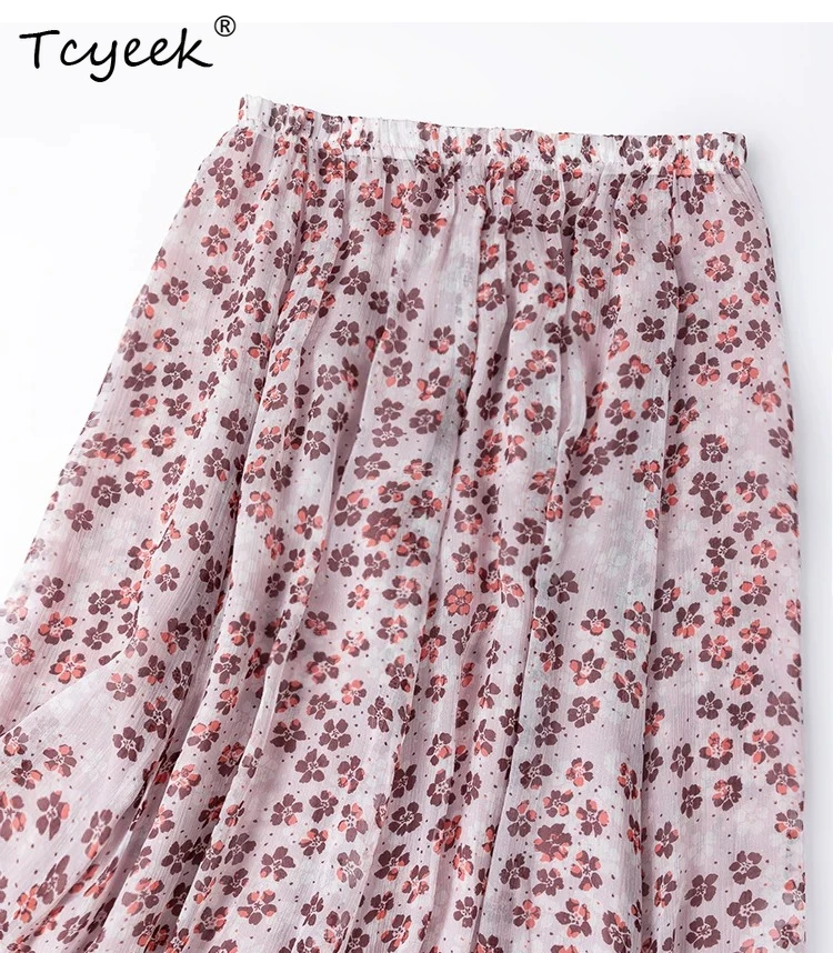 Tcyeek 100% Real Silk Summer Skirts for Women 2026 Fashion Beach Skirt Woman Clothes Elastic Waist Print Faldas Para Mujeres