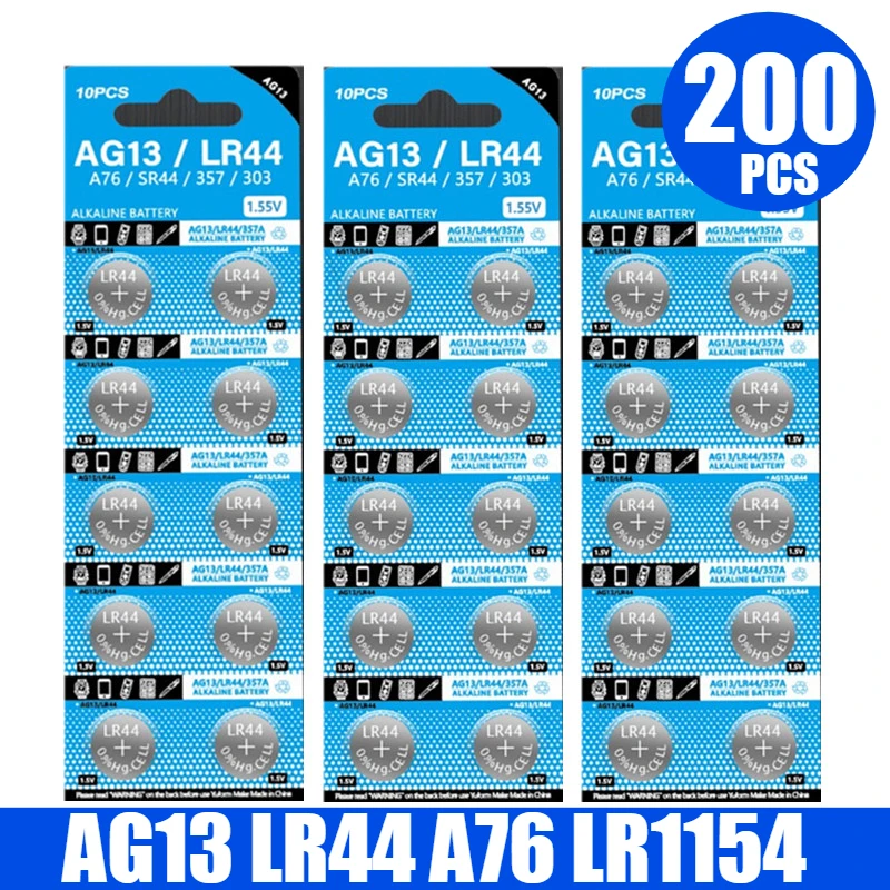 200PCS AG13 LR44 A76 1.55V Button Batteries For Watch Toys Remote L1154 SP76 pila SR44 LR1154 357 303 Cell Coin Alkaline Battery