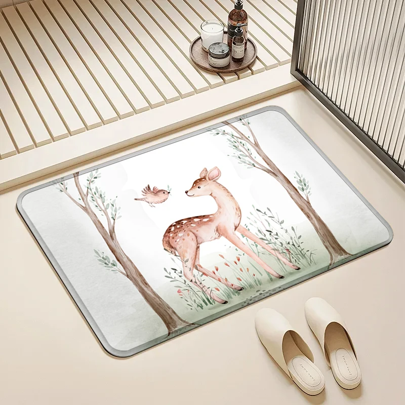 

Watercolor Deer Bird Doormat Non-Slip Floor Mat Home Entrance Door Rug Forest Style Decor Kitchen Bathroom Supplies