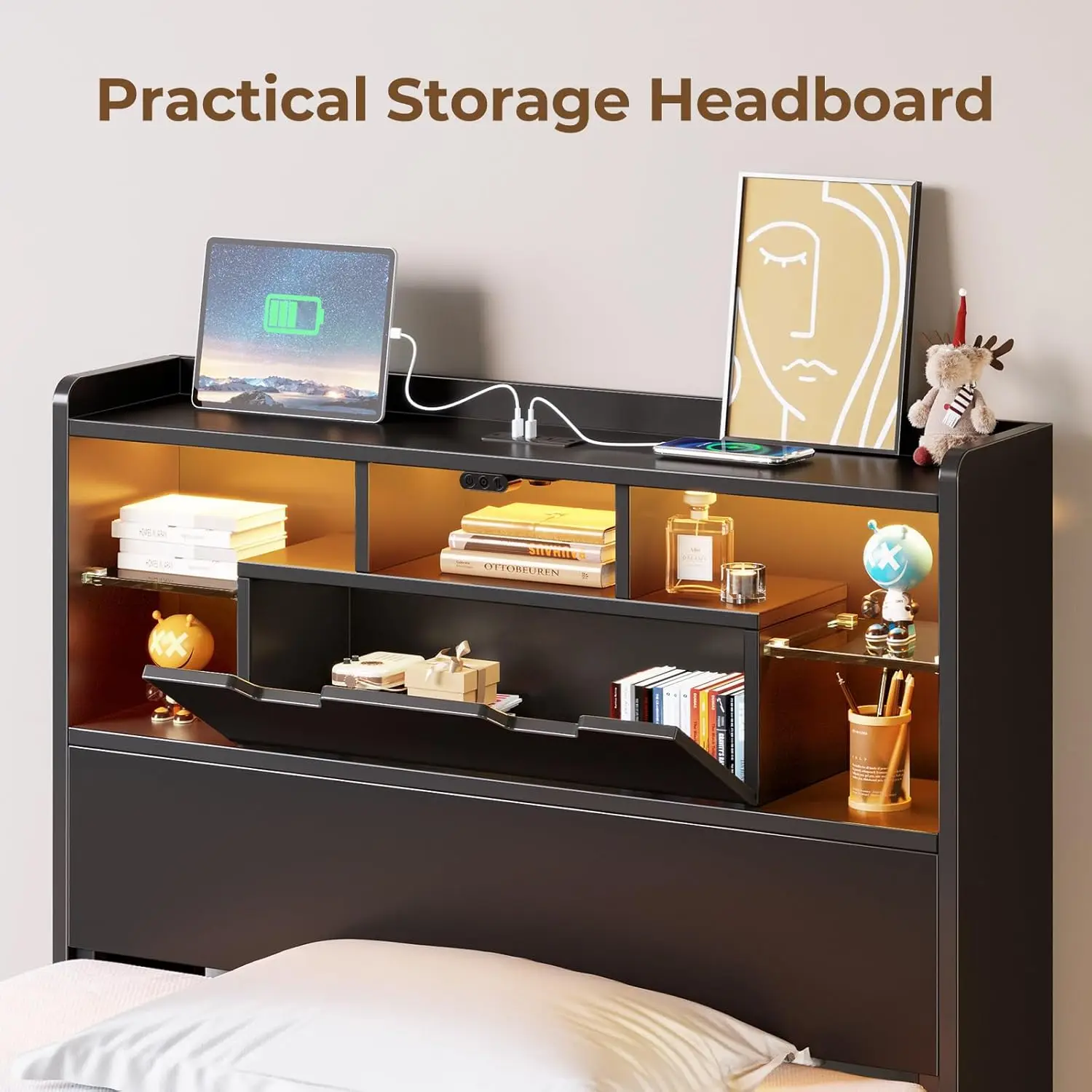 إطار سرير مزدوج مع خزانة كتب للتخزين LED على اللوح الأمامي ومحطة شحن USB #4