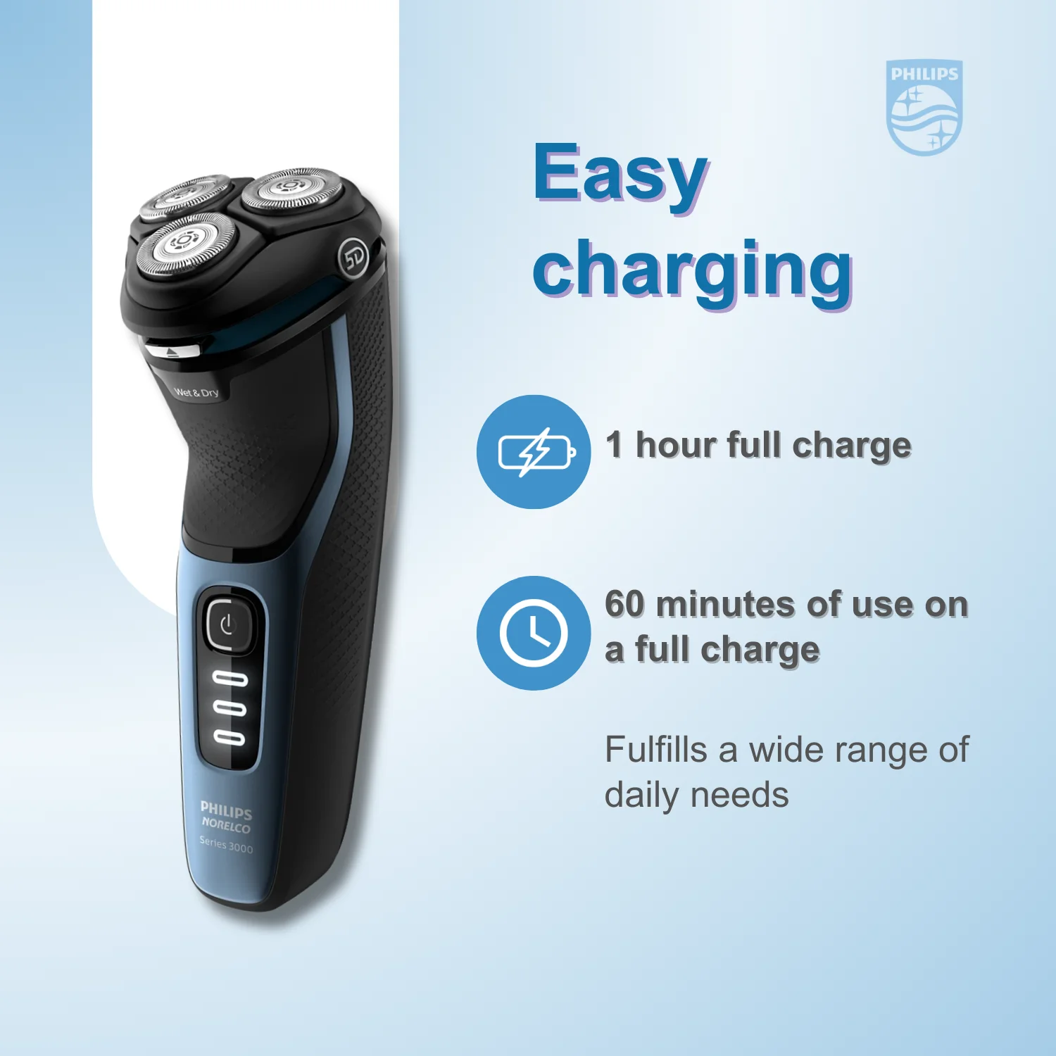 Philips Norelco Razor série 3000 S3212, cabeças pivô e flexíveis 5D, barbear úmido ou seco, lâminas ComfortCut, barbear de 60 minutos, carga de 1