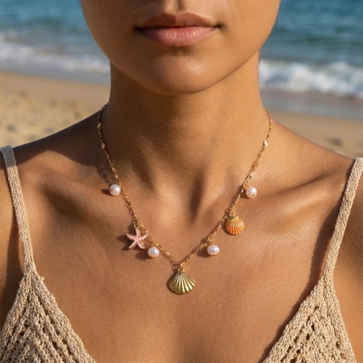 Sommerliche Halskette mit Imitationsperlen, Seestern- und Muschelanhänger für Damen und Herren, Bohemian Fischschwanz-Ozean-Strand-Choker, Urlaubs- und Party-Schmuck – Detail 8