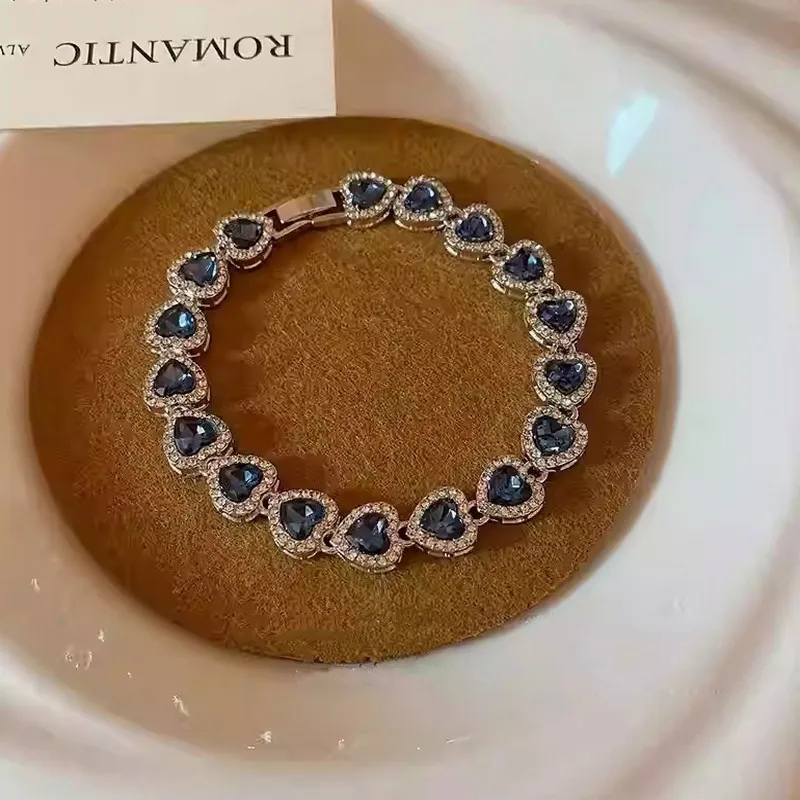 Deep Blue Heart Full-drill Zircon Bracelet, Vintage Retro Cool Super Shiny French Court Style Jewelry for Women