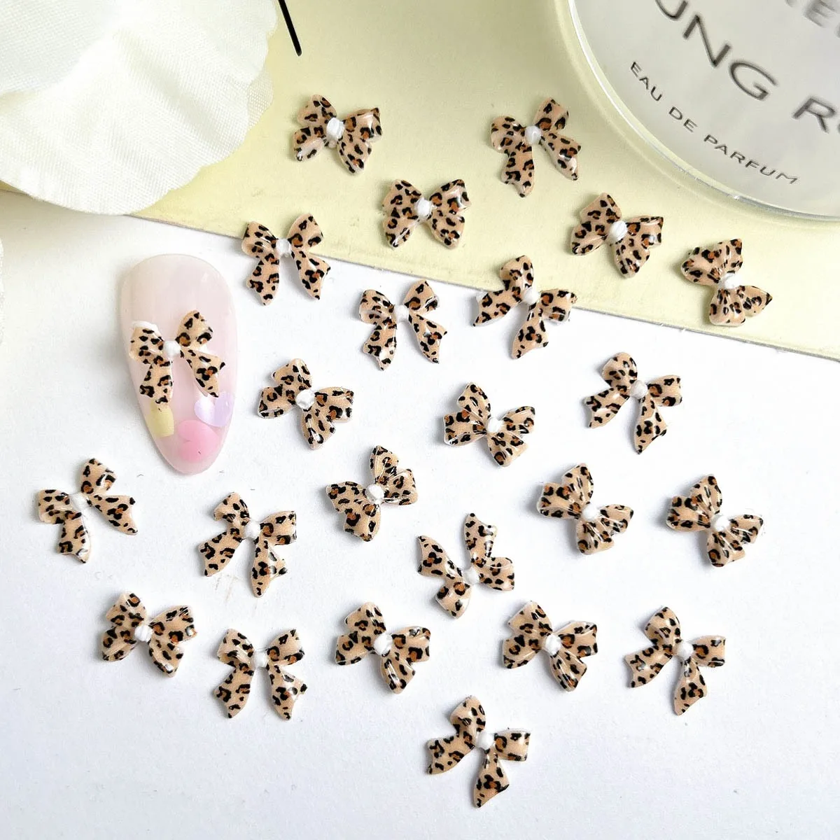 30pcs Leopard Print Ribbon Bow Nail Charms Parts Kawaii Bows Decoration Accessories DIY Nail Art Design Supplies