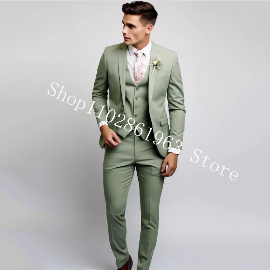 3 pezzi abiti maschili abiti da sposa eleganti verdi per uomo formale Best Men Blazer Slim Fit sposo smoking giacca Costume Homme