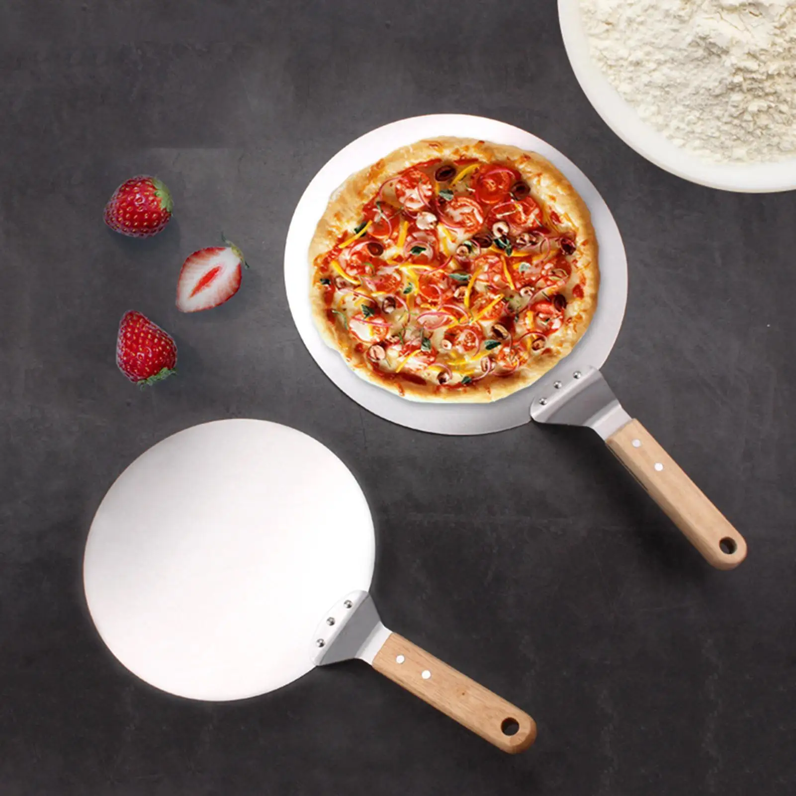 Pizza Shovel Pastry Tools Stainless Steel Wooden Handle Peel Round Anti-scalding Pan Bakeware Maker Non-stick Pizza Paddle ﻿