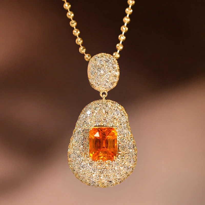 Huitan Women Pear Shape Pendant Necklace with Rectangular Orange Red CZ Bright Sparkling Bead Chain Wedding Party Luxury Jewelry