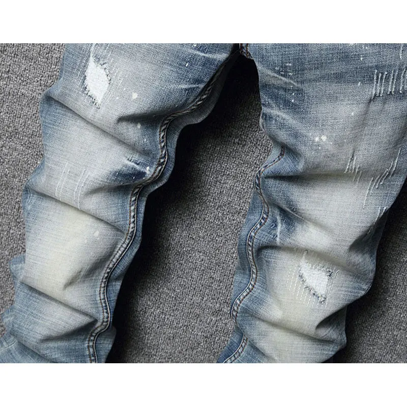 Fashion Designer Men Jeans High Quality Retro Light Blue Patched Ripped Jeans Men Elastic Stretch Vintage Denim Pants Hombre