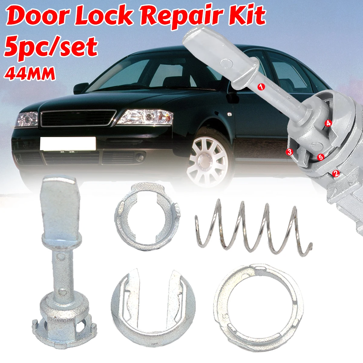 

5pcs Car Front Door Handle Lock Cylinder Barrel Paddle Repair Kit Tool 44MM Set Replacement For Audi A6 Skoda Fabia VW Golf Mk4