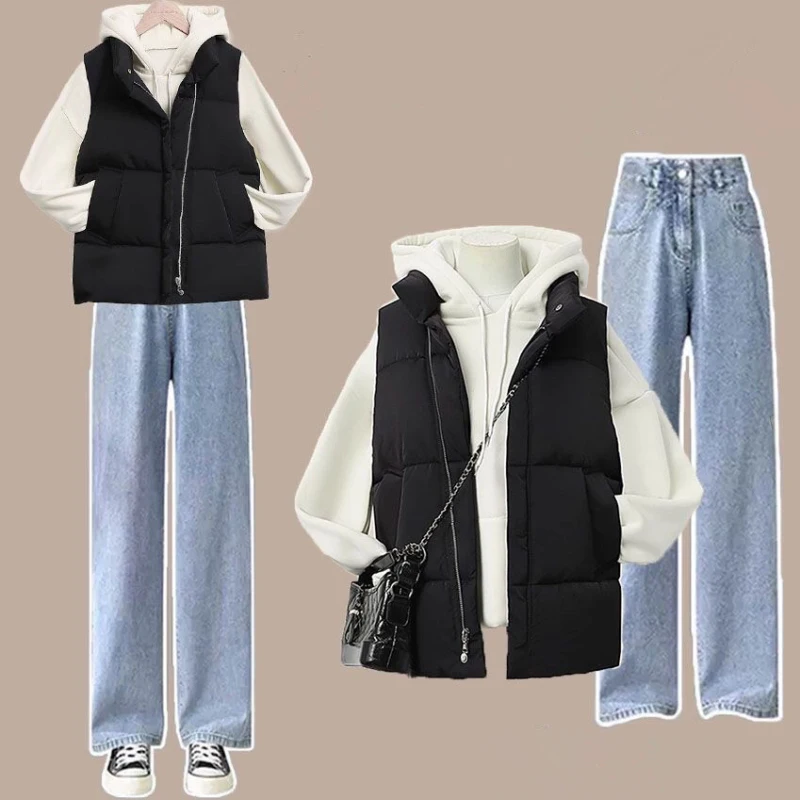 Felpa con cappuccio in velluto autunno inverno da donna gilet in cotone pantaloni a gamba larga set da 1 o tre pezzi pantaloni casual da donna coreana