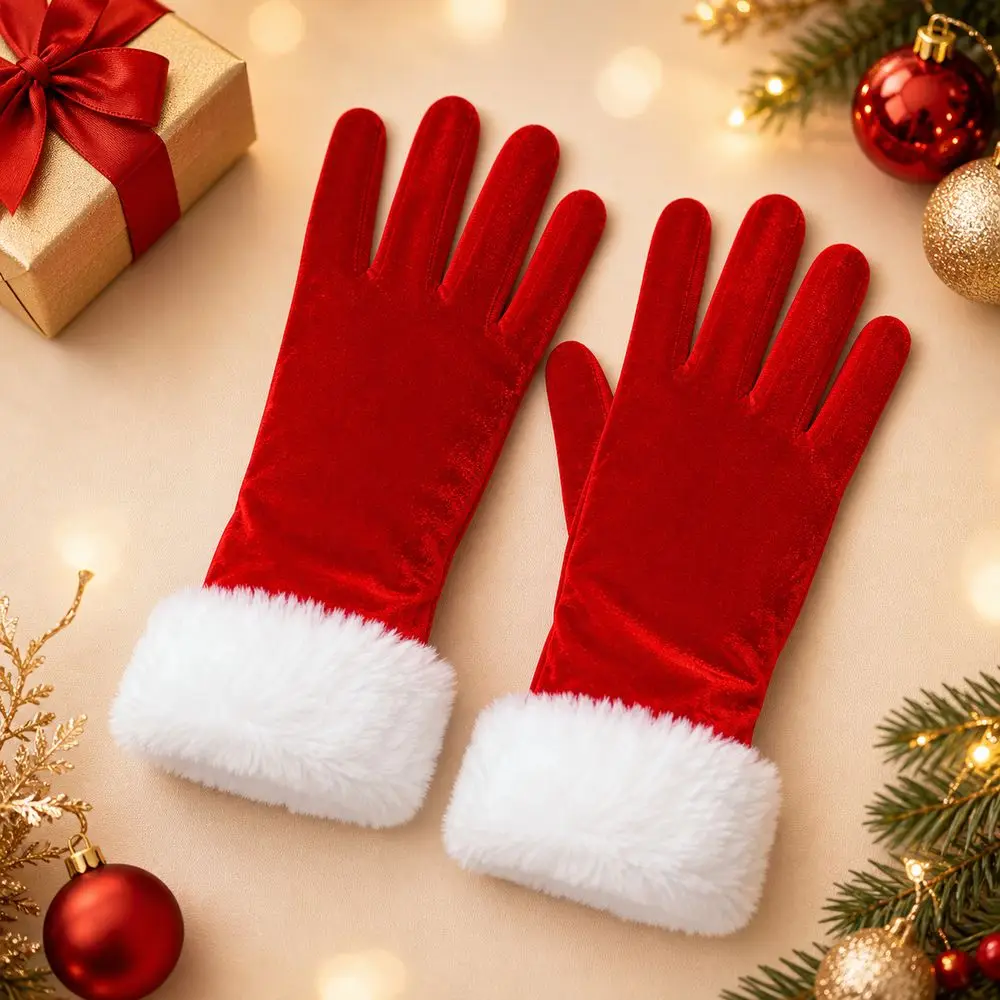 Velvet Gloves Christmas Costume Gloves Red Velvet Full Finger Christmas Performance Gloves Soft Warm White Faux Fur Trim