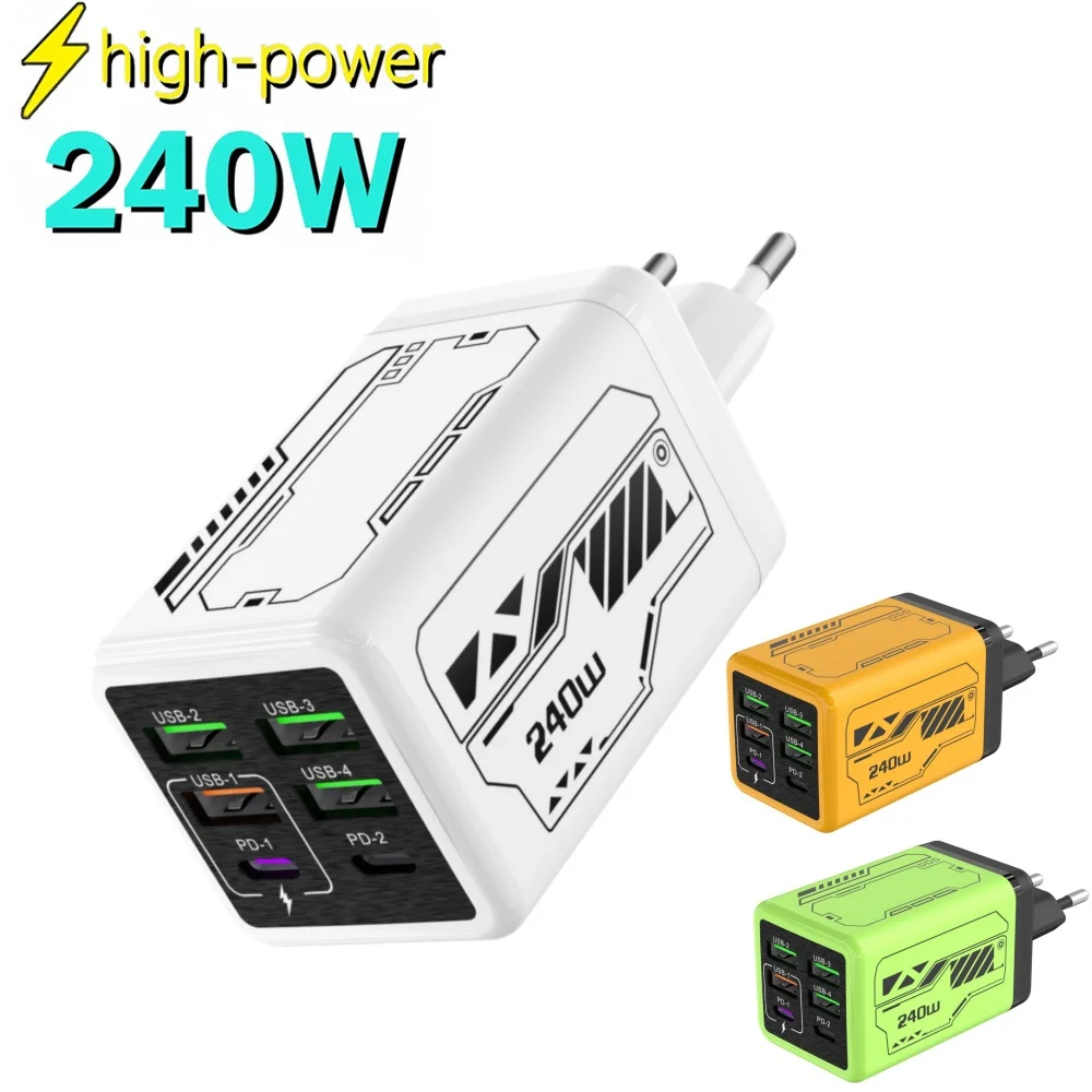 240W 4 USB 2 USB C Fast Charging Charger Type C Quick Charge Wall Adapter For iPhone 17 16 Samsung Xiaomi PD Fast Travel Charger