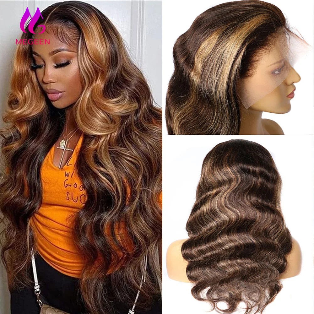 

Megeen 13X4 Lace Front Wigs 100% Human Hair Highlight P4/27 Colored Body Wave Human Hair Pre Plucked Honey Blonde Lace Front Wig