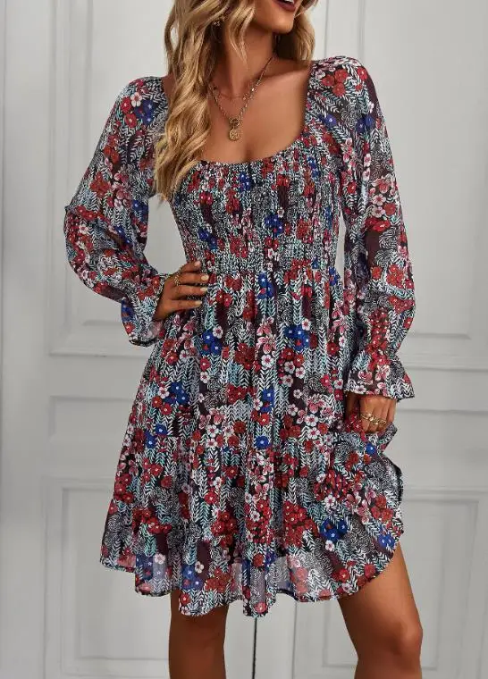 

Women's Dress 2026 Spring/summer New Product Versatile Casual Long Sleeve Printed Dress Fashionable Retro Printed Elegant Dress