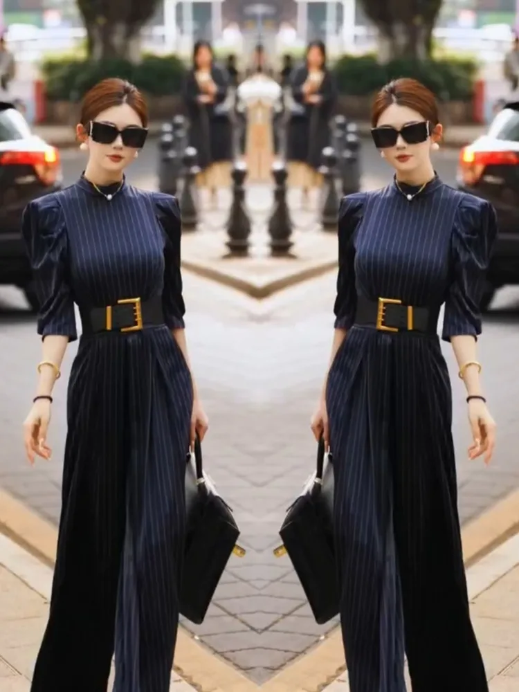 

Ele High-Waisted Striped Jumpsuit Faionable Slimming Design Autumn New Sle Ladylike One-Piece Suit Polyester Fiber