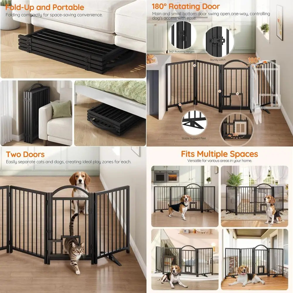 

35 Tall Metal Dog Gate with Door, Foldable Pet Barrier for Home, Black