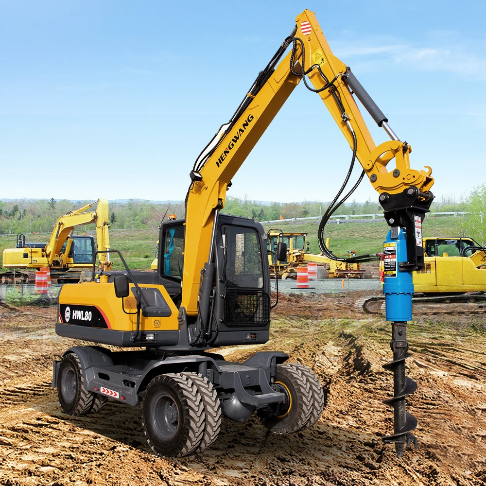 China Top Brand hengwang digger excavator 7 ton 8 ton 10 ton wheel excavator with hydraulic hammer