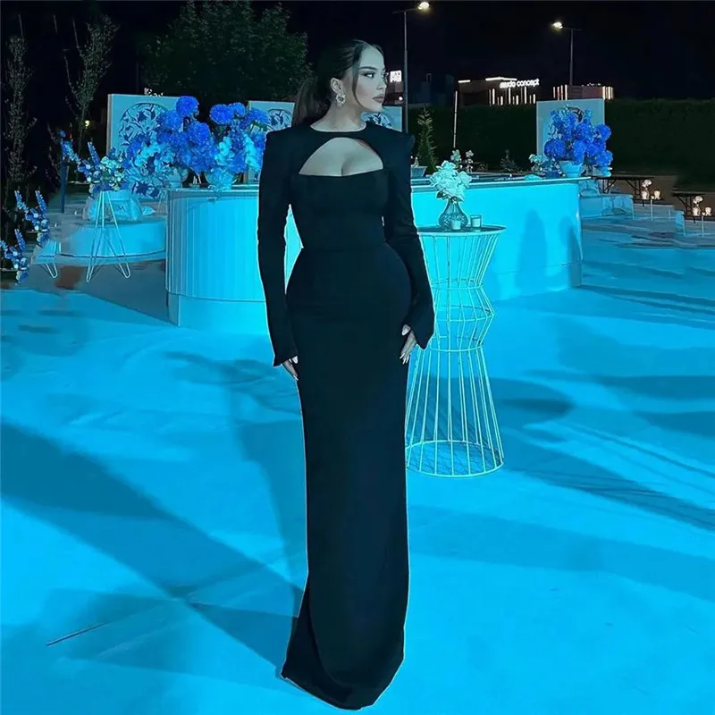 Aleeshuo Black Sexy Cut-out O-Neck Prom Dress Satin Mermaid Long Sleeves Evening Dress Formal Floor Length Dress 2025 Customized