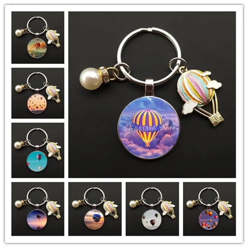 LLavero de globo de aire caliente esmaltado, colgante de cristal de cabujón, llavero de bolsa de coche, regalo de recuerdo de pareja, joyería de moda, nuevo