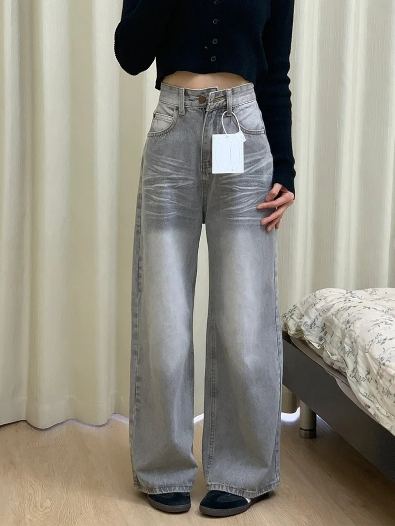 

Светло-серые широкие джинсы для женщин в стиле Lazy Style, летние, в американском ретро-стиле, свободного прямого кроя, из денима, с эффектом драпировки, повседневные, стильные, модные.