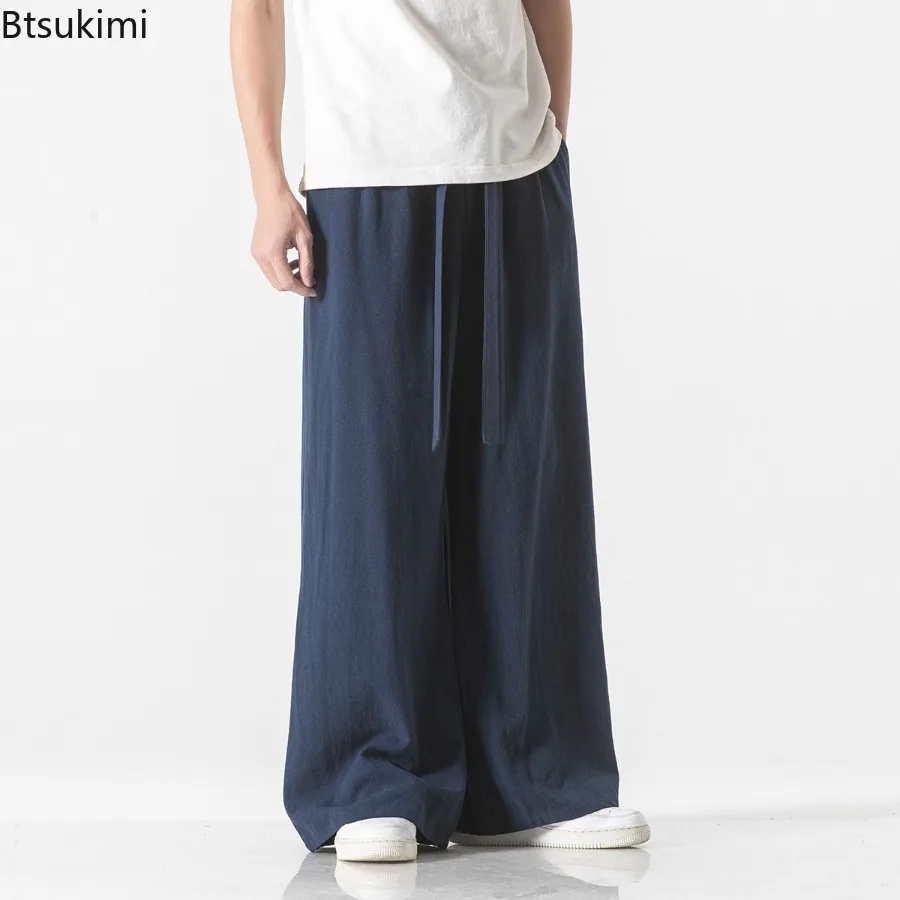 2025 New Chinese Style Men's Cotton Linen Casual Pants Harajuku Vintage Wide Leg Trousers Summer Streetwear Plus Size Men Pants