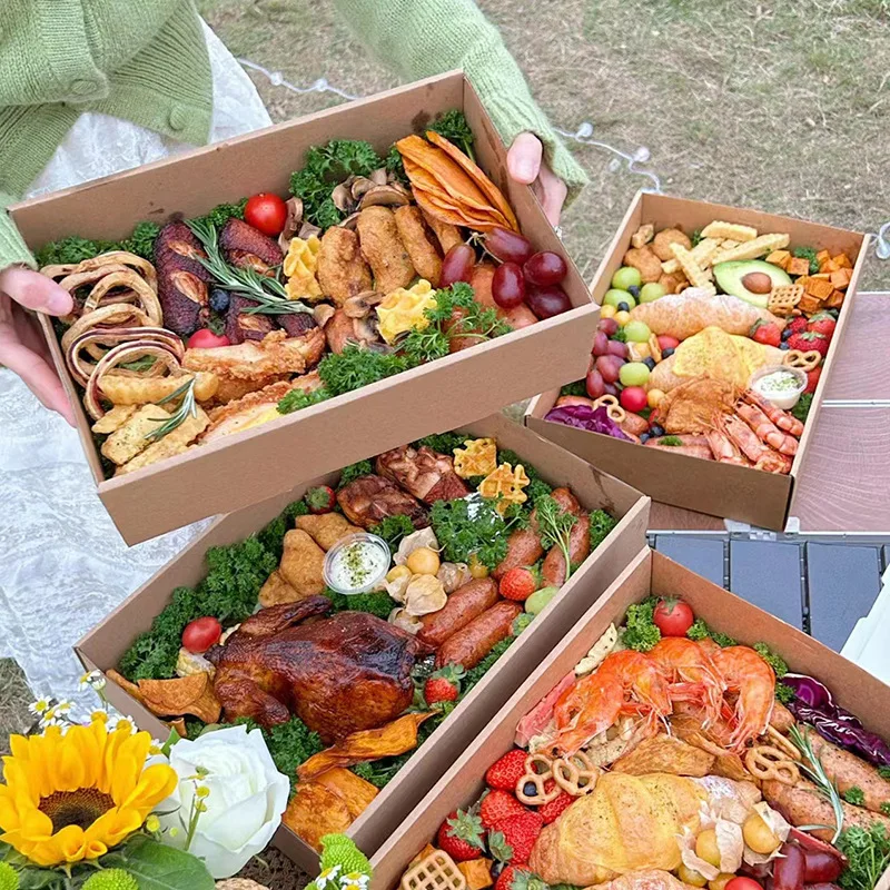 50Pcs Kraft Paper Afternoon Tea Picnic Box Spring Outing Food Tiramisu Box Bento Packing Box Christmas Gift Boxes Window Display