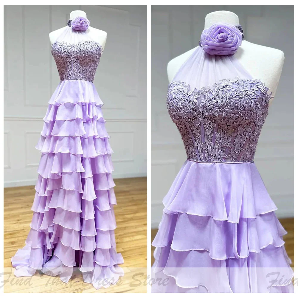 

Custom Made Sweetheart Collar Chiffon A-line Tiered Ruffles Evening Gown Train Side Slit Backless Prom Party Dress with Lace