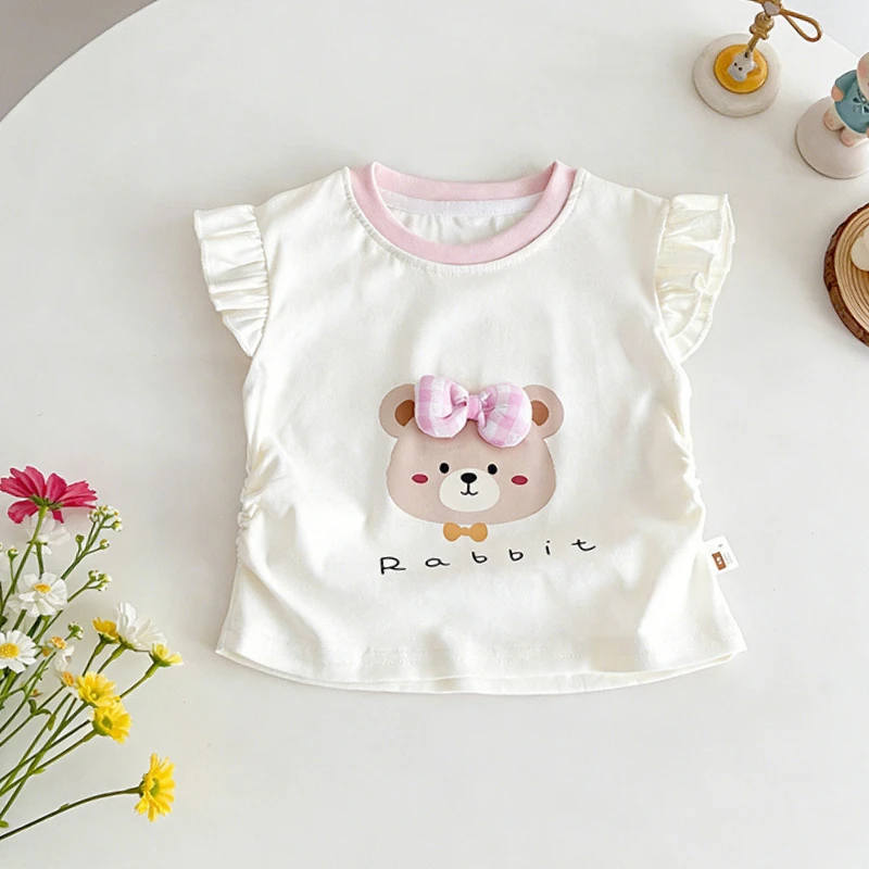 Summer Baby Toddler Girl T Shirt Cartoon Rabbit Bear Kitty Shirt Girls Top Big Bow Kids Clothing Casual Outfit Kawaii Children