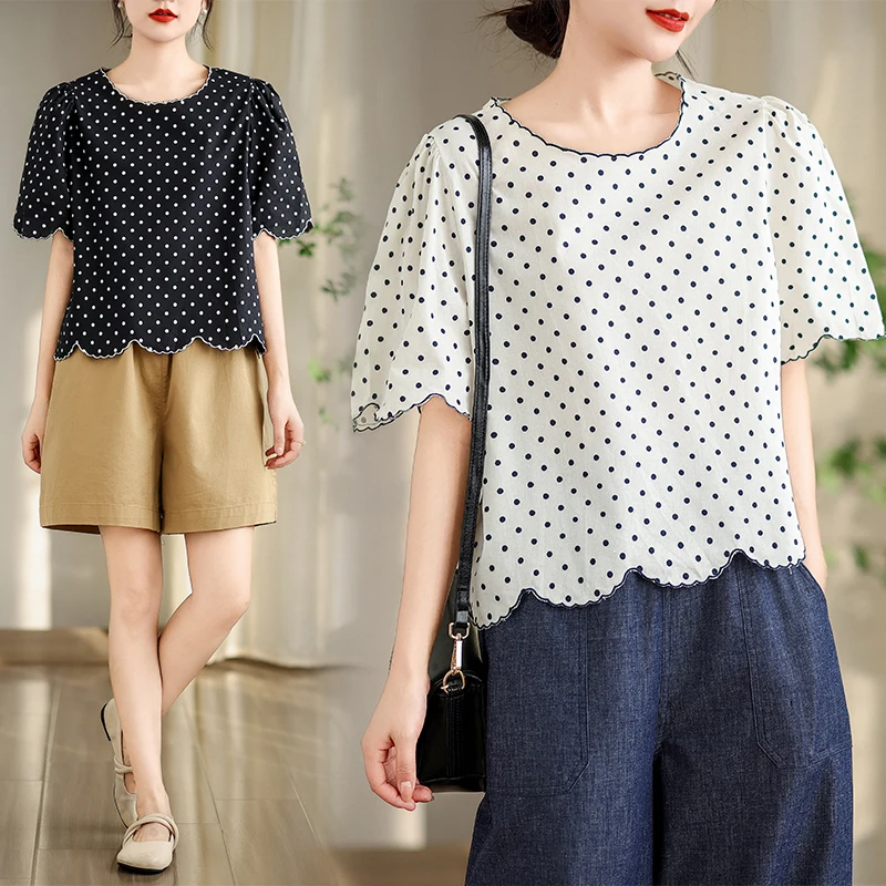 

Retro Polka Dot ort Sve round Ne irt Women's Faionable Design Cotton Blend Korean Sle Commute Wind Top
