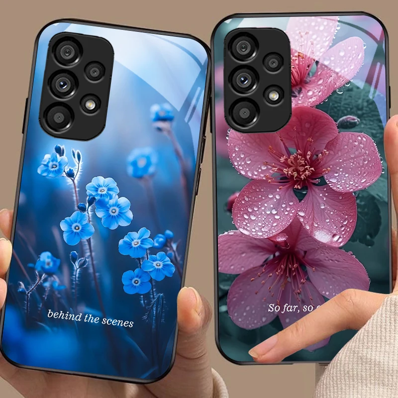 عنصر زهرة زرقاء لهاتف سامسونج جالاكسي S10 S20 Plus S21 FE S22 S23 S24 FE S25 حافظة هاتف من الزجاج المقسى باللون الأسود الصلب #4