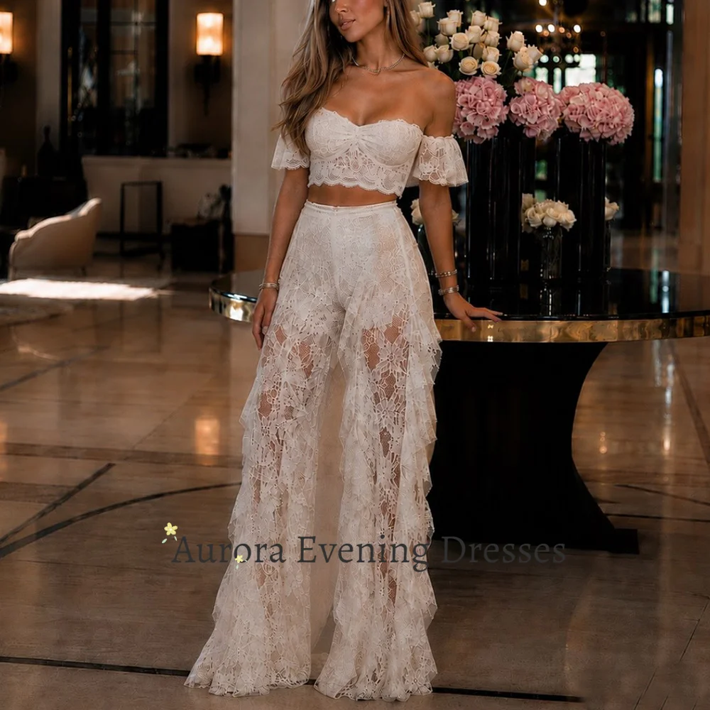 Aurora Ivory Off Shoulder Two Piece Lace Evening Dresses for Women Sweetheart High Waist  Wide Leg Pants Bridal Separates Party