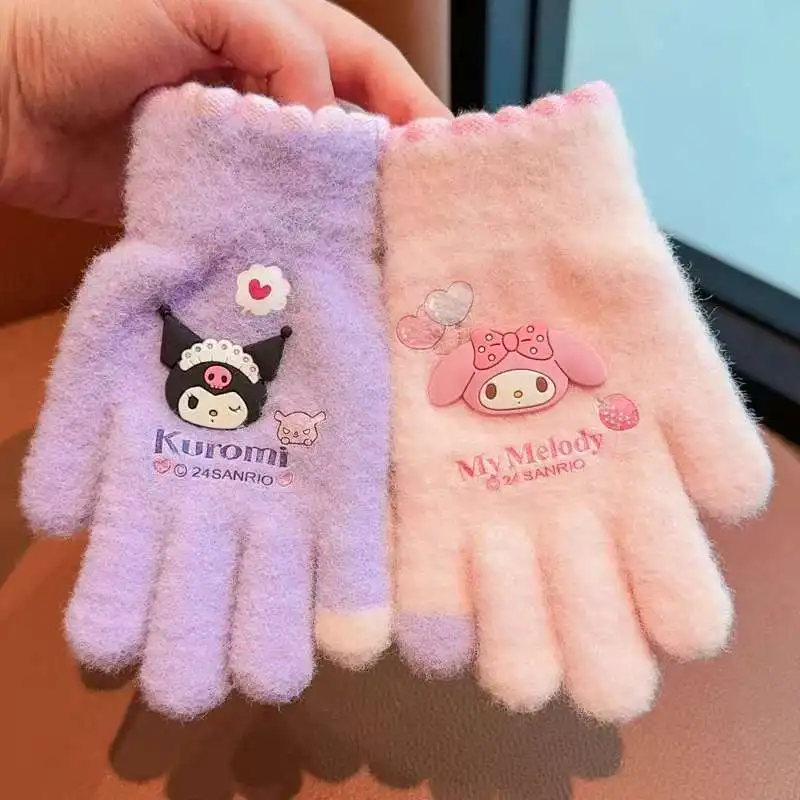 

Перчатки Kuromi Kawaii Melody, теплые детские вязаные перчатки для малышей, сохраняющие тепло, перчатки без пальцев для девочек, рождественские подарки