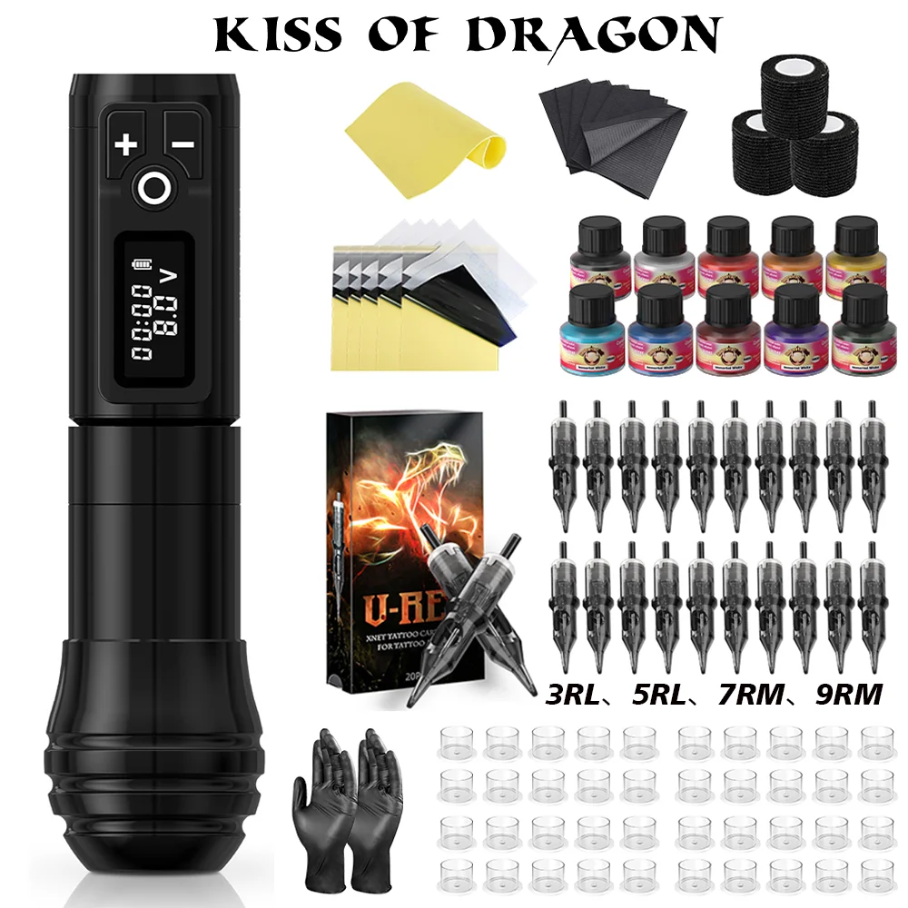

Беспроводной набор для татуировки Kiss of Dragon, профессиональная роторная тату-машинка, набор ручек с 10 шт., картриджные иглы, полный набор