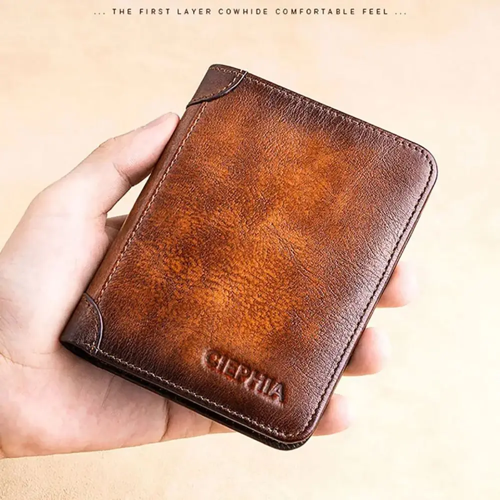 1Pcs Durable PU Leather Men Wallet Vintage Thin ID Credit Card Holder RFID Blocking Short Trifold Wallet