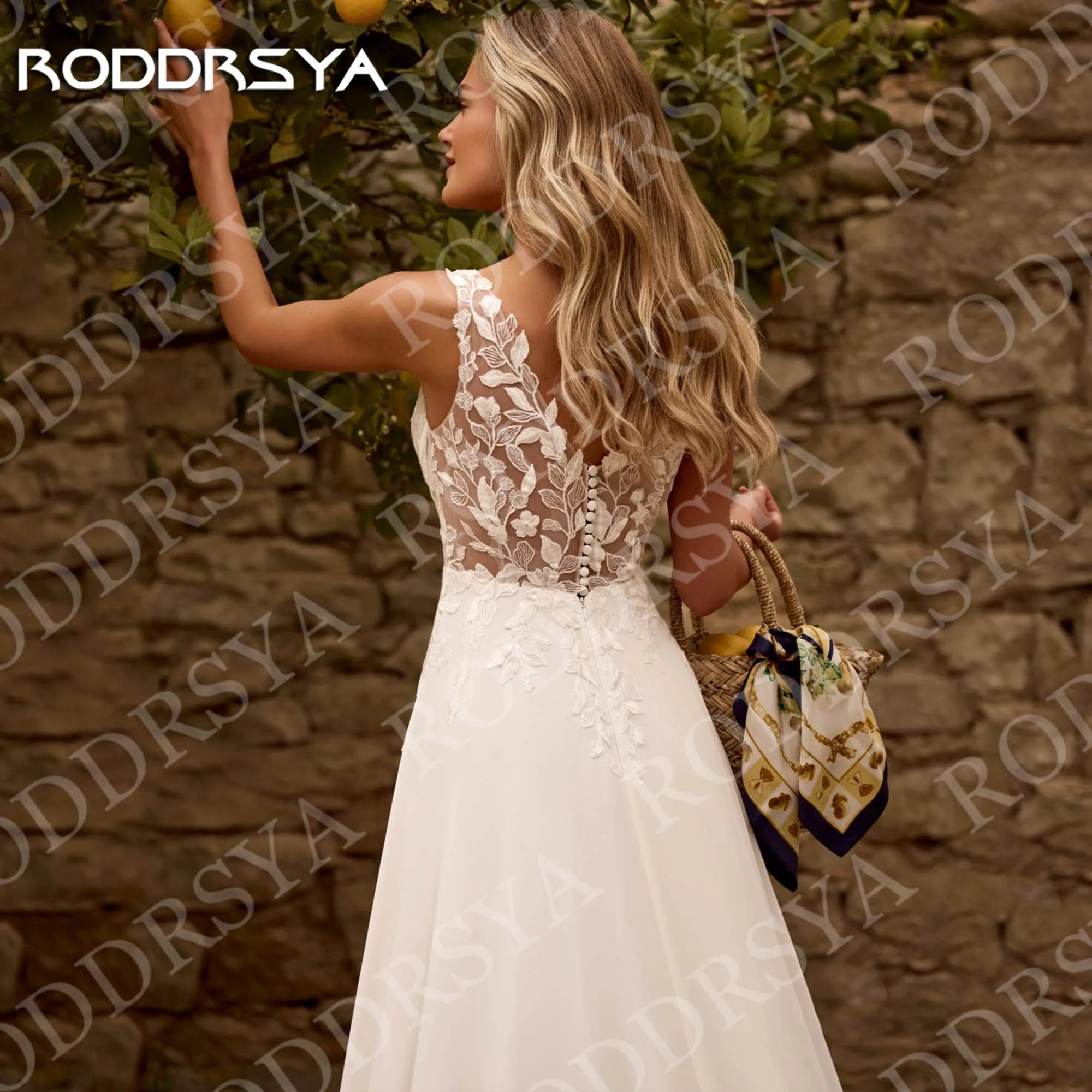 RODDRSYA elegante vestidos de novia con cuello en V para novia Apliques de encaje gasa vestido de novia bohemio Boho una línea sin mangas personalizado Elegantes vestidos de novia con cuello en V para la novia encaje a
