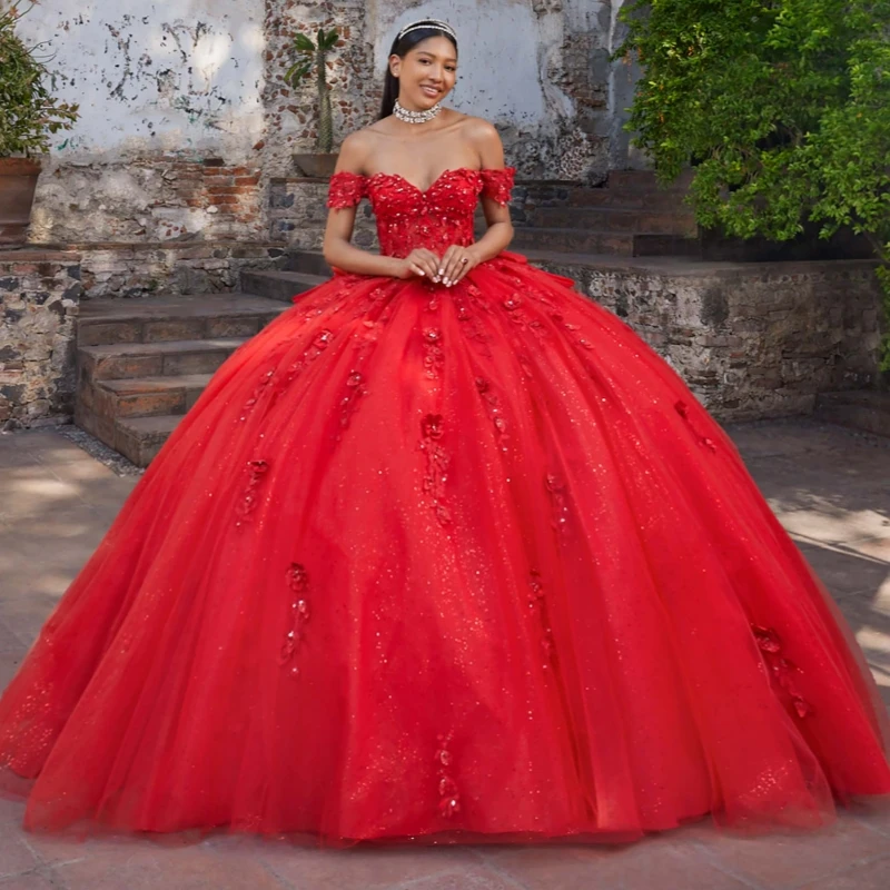 

Red Shiny Quinceanera Dresses Ball Gown Off The Shoulder Applique Flower Beads Bow Tull Sweet 16 Dress Vestidos 15 De Anos