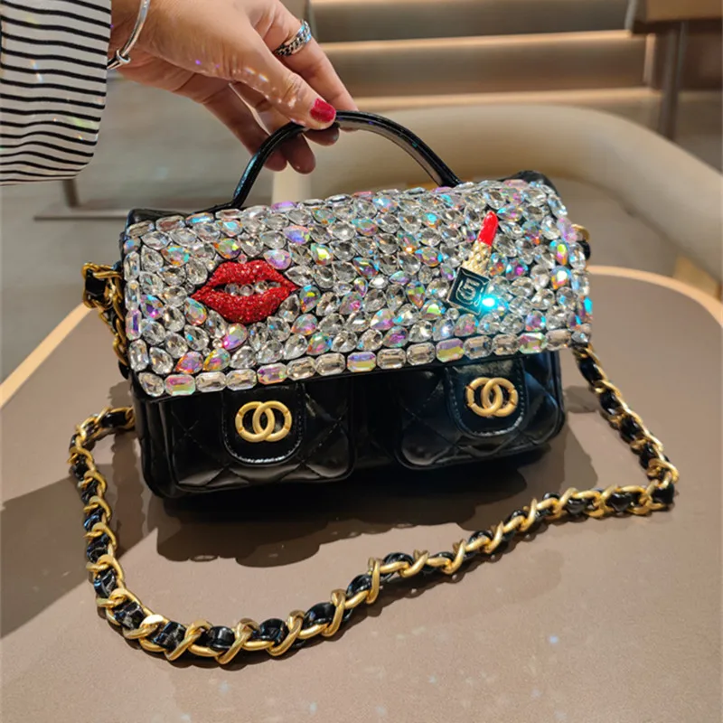 

Женские сумки из натуральной кожи, маленькая квадратная сумка через плечо, модная сумка-цепочка с бриллиантами, шикарные высококачественные сумки через плечо