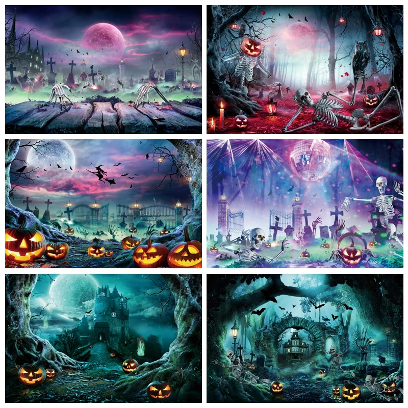 Horror Night Moon Halloween Backdrop Photography Scary Forest Tree Misty Pumpkin Halloween Party Background Photo Studio Props