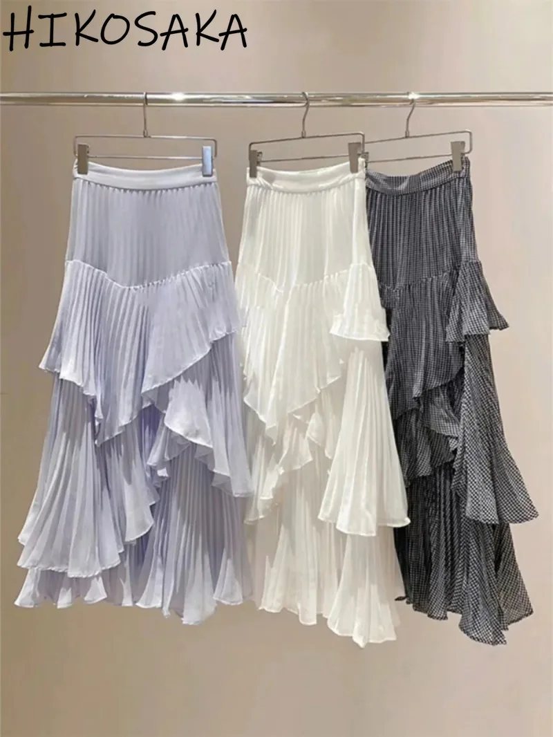 Sweet Cascading Pleated Ruffles Cake Skirts Women High Waist Slim A-line White Midi Jupe 2024 Spring Summer Japan Chic Faldas