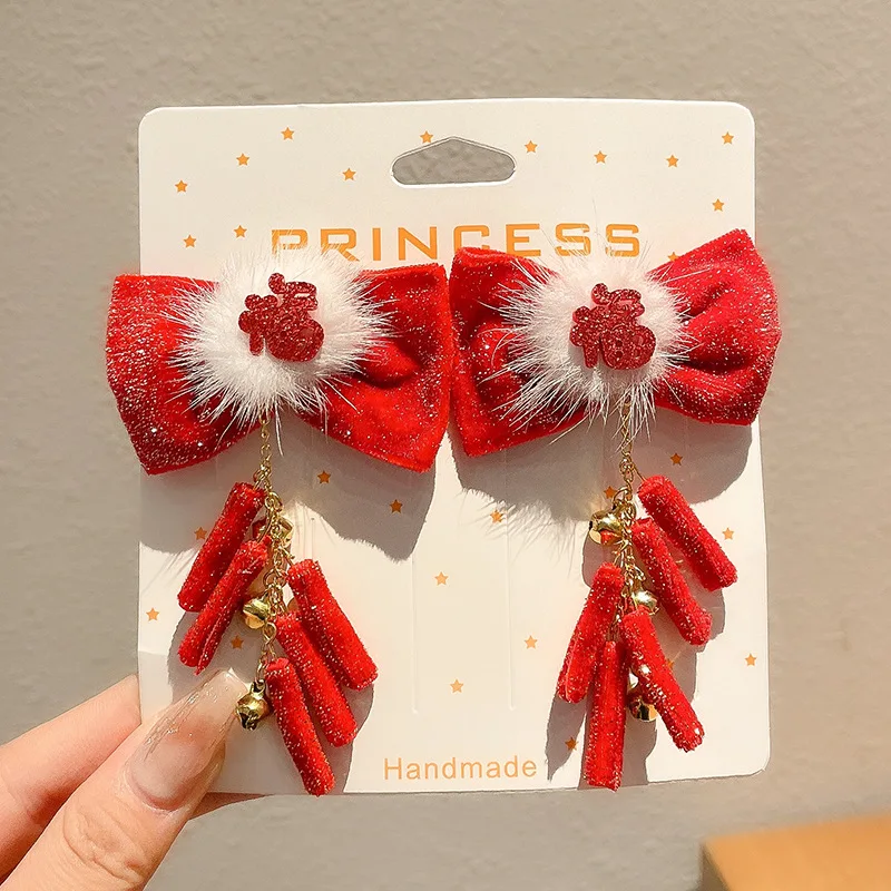

Red Children's Bow Hairpin Girl's New Year Headwear Chinese Style Hanfu Accessories Hair Clip Hairpin Headwear