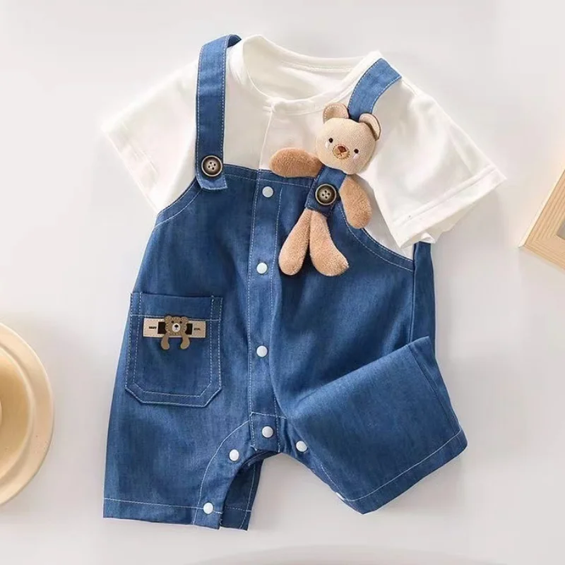 Boys and Girls Summer New Fake Two Piece Thin Cowboy Crawler 3D Bear Duck Cartoon Cute Fashion Breathable Sweetheart