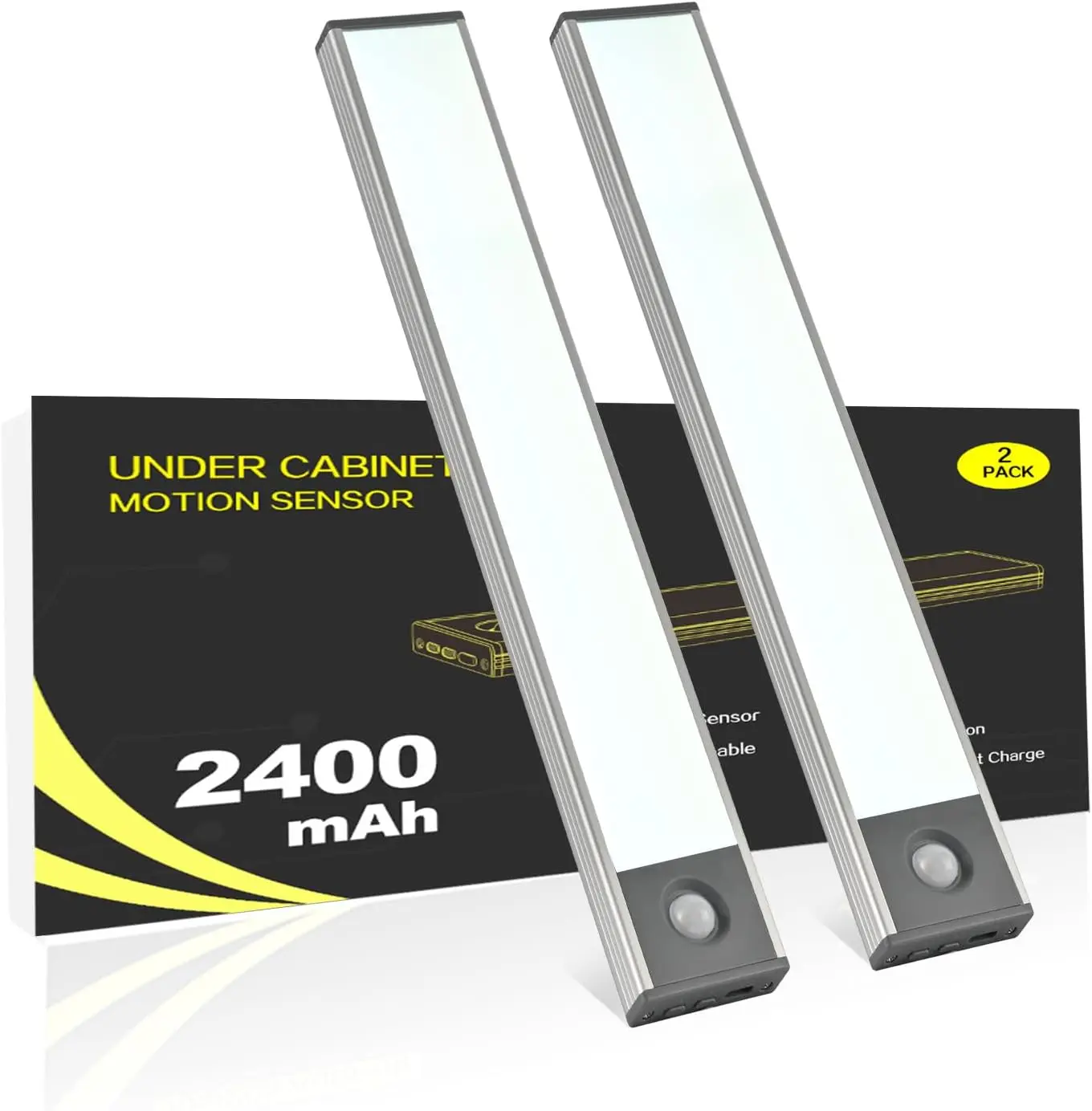 

2400mAh Rechargeable Motion Sensor Light, 7.8in 2-Pack, Cordless Under Cabinet Lighting with Timer, Magnetic Mount for Kitchen, Stairway