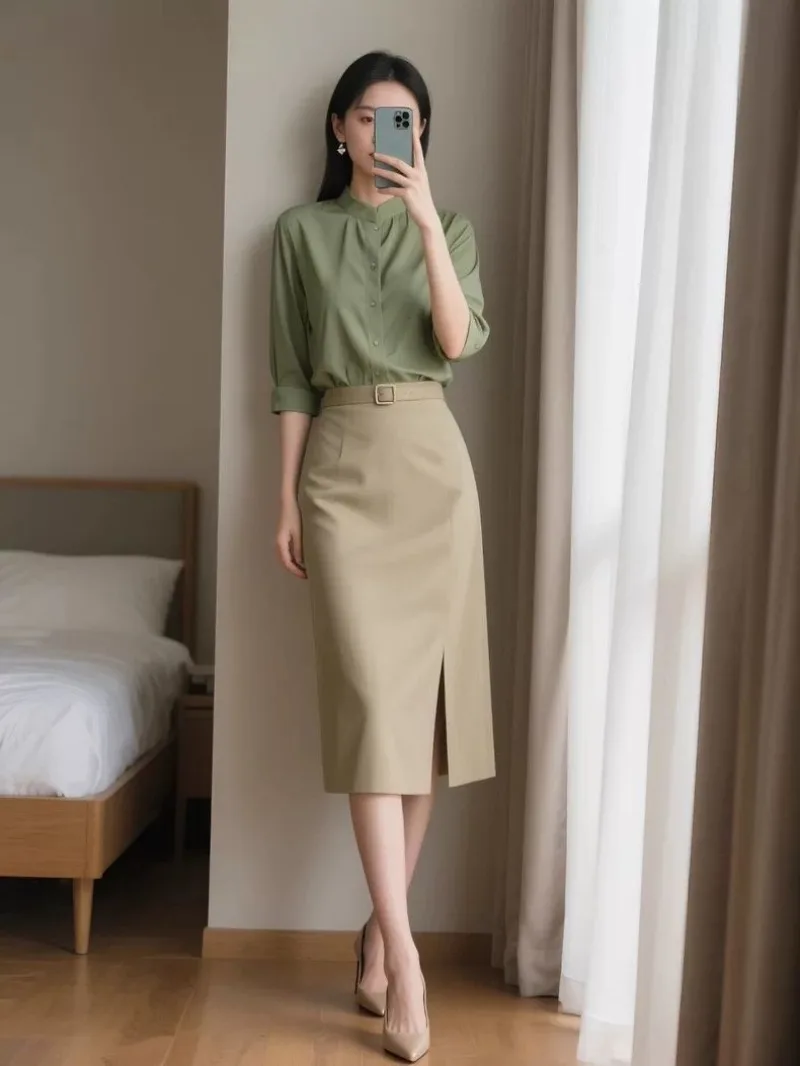 

Новая мода Элегантный весенне-осенний женский костюм Высококачественная рубашка с круглым вырезом и тонкой юбкой с разрезом Офисный женский комплект из двух предметов